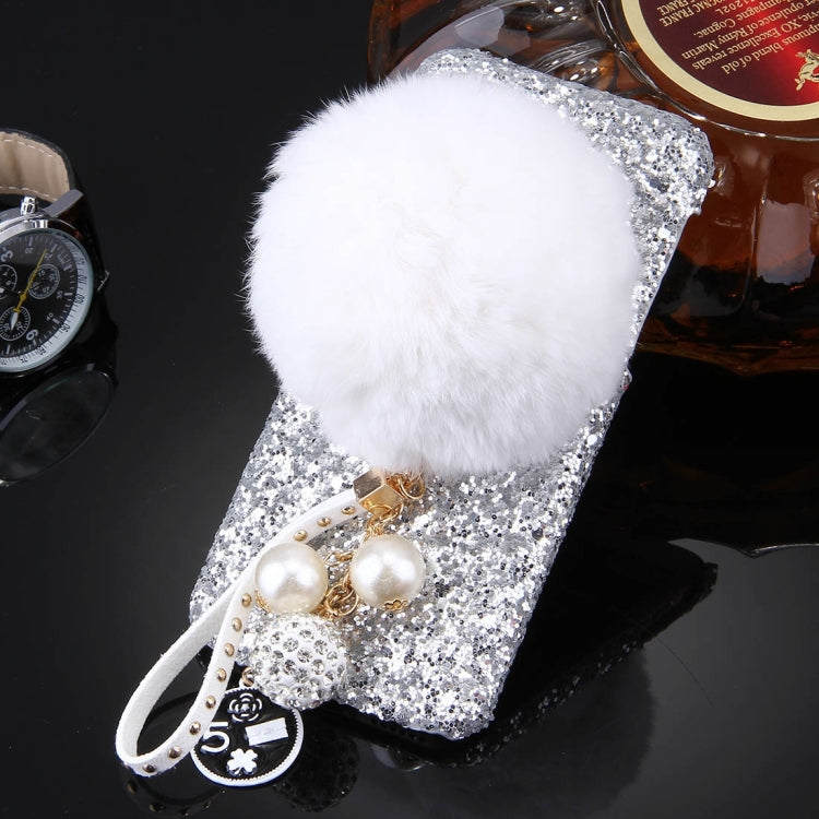 For iPhone 6 Plus & 6s Plus Rabbit Fur Ball Twinkling Paillette Protective Back Cover Case with Pearl Pendant Lanyard