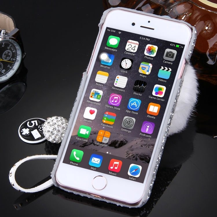 For iPhone 6 Plus & 6s Plus Rabbit Fur Ball Twinkling Paillette Protective Back Cover Case with Pearl Pendant Lanyard
