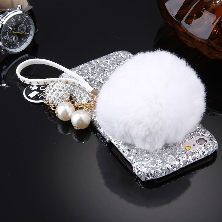 For iPhone 6 Plus & 6s Plus Rabbit Fur Ball Twinkling Paillette Protective Back Cover Case with Pearl Pendant Lanyard