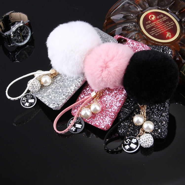 For iPhone 6 Plus & 6s Plus Rabbit Fur Ball Twinkling Paillette Protective Back Cover Case with Pearl Pendant Lanyard