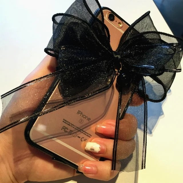 For iPhone 6 Plus & 6s Plus 3D Bowknot Soft Transparent TPU Back Cover Case with Small Bell