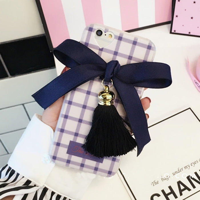 For iPhone 6 Plus & 6s Plus 3D Bowknot Lattice Pattern Soft TPU Protective Back Cover Case with Tassels Pendant
