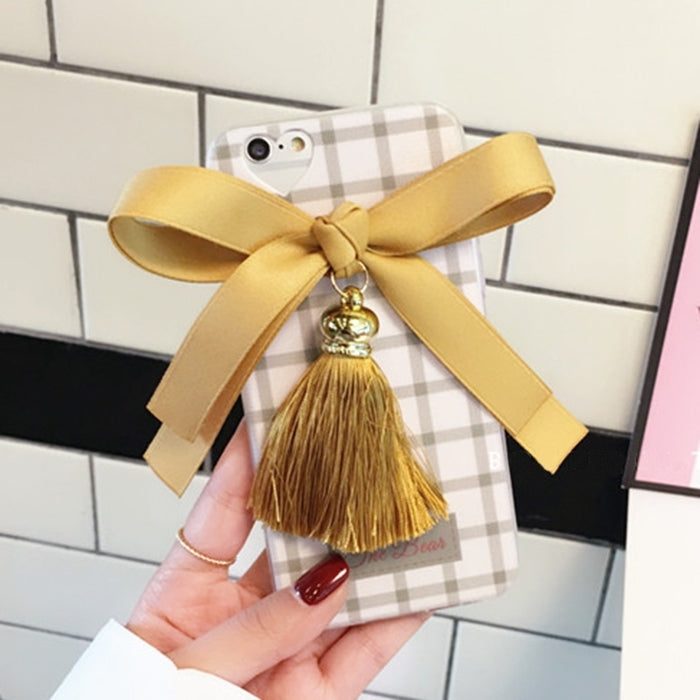 For iPhone 6 Plus & 6s Plus 3D Bowknot Lattice Pattern Soft TPU Protective Back Cover Case with Tassels Pendant