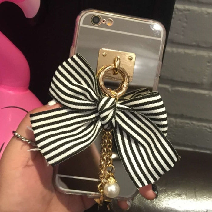 For iPhone 6 Plus & 6s Plus 3D Stripe Bowknot Mirror Soft TPU Protective Back Cover Case with Anti-Dust Plug & Pearl Star Pendant