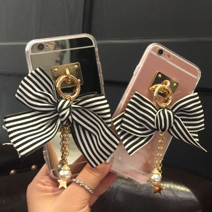 For iPhone 6 Plus & 6s Plus 3D Stripe Bowknot Mirror Soft TPU Protective Back Cover Case with Anti-Dust Plug & Pearl Star Pendant