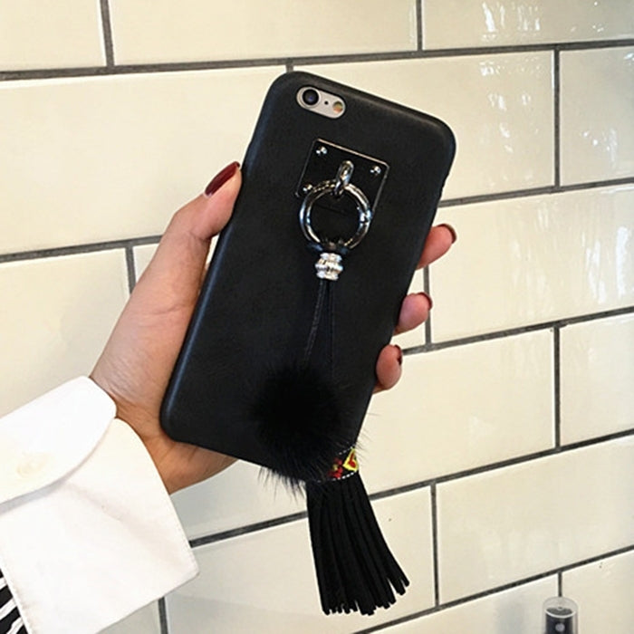 For iPhone 6 Plus & 6s Plus Crazy Horse Texture PU Leather Protective Back Cover Case with Fur Ball & Tassels Pendant