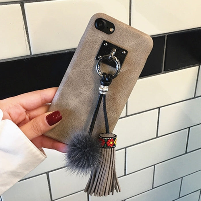 For iPhone 6 Plus & 6s Plus Crazy Horse Texture PU Leather Protective Back Cover Case with Fur Ball & Tassels Pendant