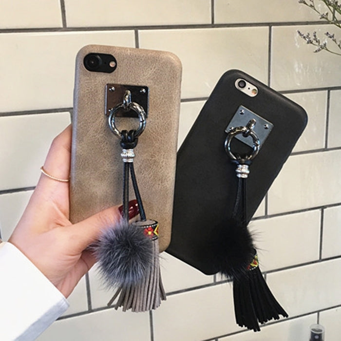 For iPhone 6 Plus & 6s Plus Crazy Horse Texture PU Leather Protective Back Cover Case with Fur Ball & Tassels Pendant