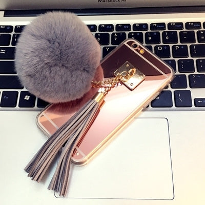 For iPhone 6 Plus & 6s Plus Electroplating Mirror Protective Back Cover Case with Grey Fur Ball & Tassels Pendant