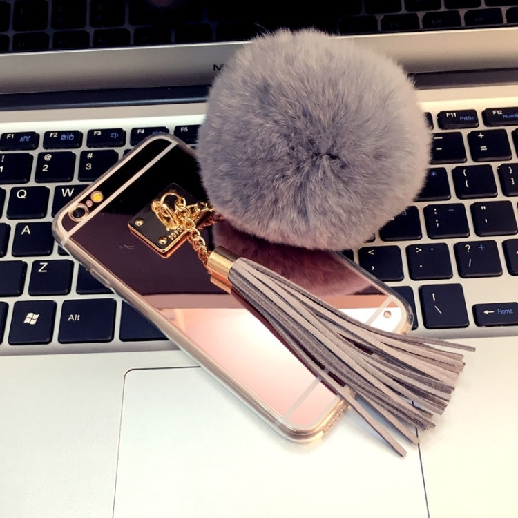 For iPhone 6 Plus & 6s Plus Electroplating Mirror Protective Back Cover Case with Grey Fur Ball & Tassels Pendant