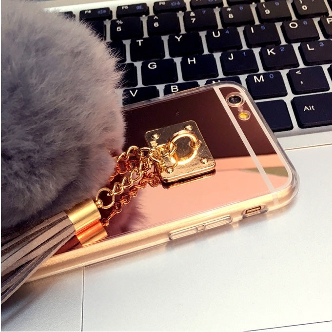 For iPhone 6 Plus & 6s Plus Electroplating Mirror Protective Back Cover Case with Grey Fur Ball & Tassels Pendant