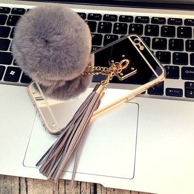 For iPhone 6 Plus & 6s Plus Electroplating Mirror Protective Back Cover Case with Grey Fur Ball & Tassels Pendant