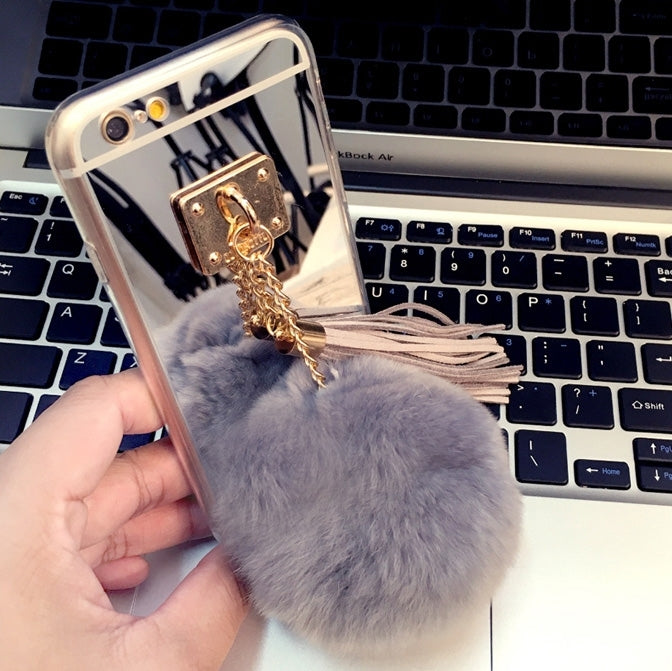 For iPhone 6 Plus & 6s Plus Electroplating Mirror Protective Back Cover Case with Grey Fur Ball & Tassels Pendant