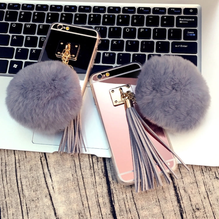 For iPhone 6 Plus & 6s Plus Electroplating Mirror Protective Back Cover Case with Grey Fur Ball & Tassels Pendant