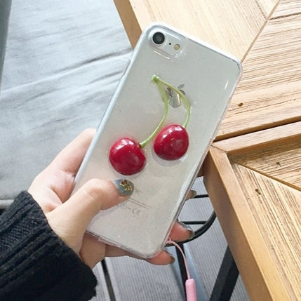 For iPhone 6 Plus & 6s Plus 3D Cherry Pattern Glitter Powder Soft Transparent TPU Protective Cover Case with Lanyard