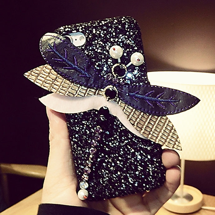 For iPhone 6 Plus & 6s Plus Cloth Dragonfly Glitter Powder Sequins Protective Back Cover Case(Black)