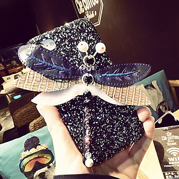 For iPhone 6 Plus & 6s Plus Cloth Dragonfly Glitter Powder Sequins Protective Back Cover Case(Black)