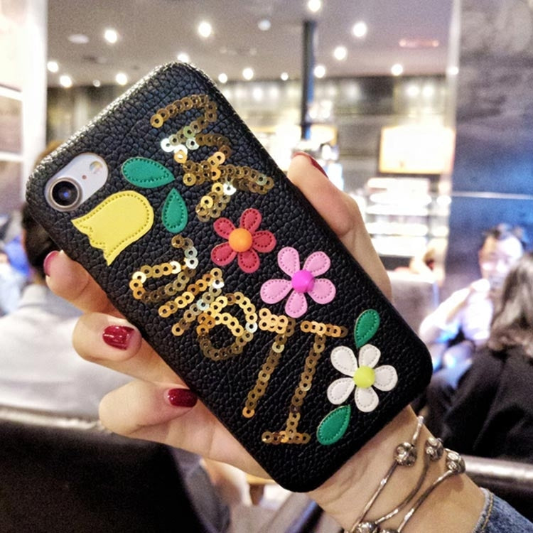 For iPhone 6 Plus & 6s Plus Sequins Flower Pattern Leather Protective Cover Case