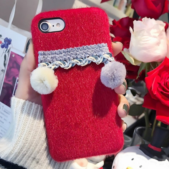 For iPhone 6 Plus & 6s Plus Fur Ball Plush Cloth Soft Protective Back Cover Case