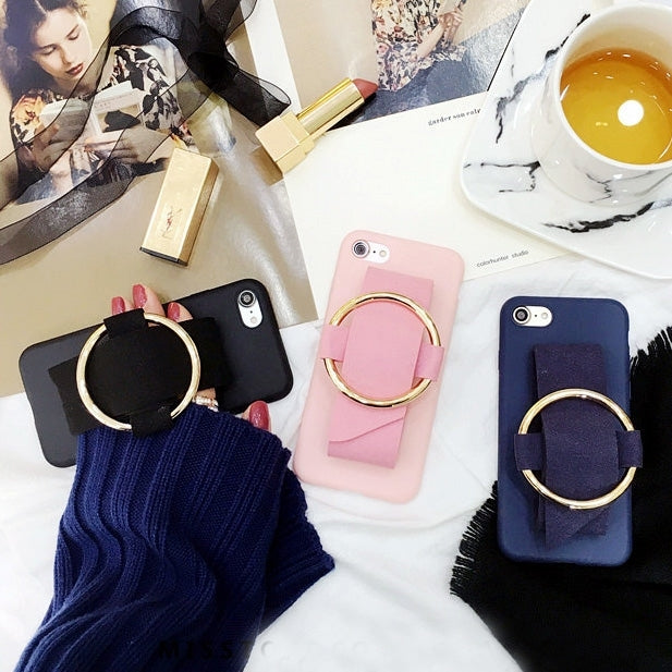 For iPhone 6 Plus & 6s Plus Metal Ring Hand-Strap Soft TPU Protective Cover Case(Black)