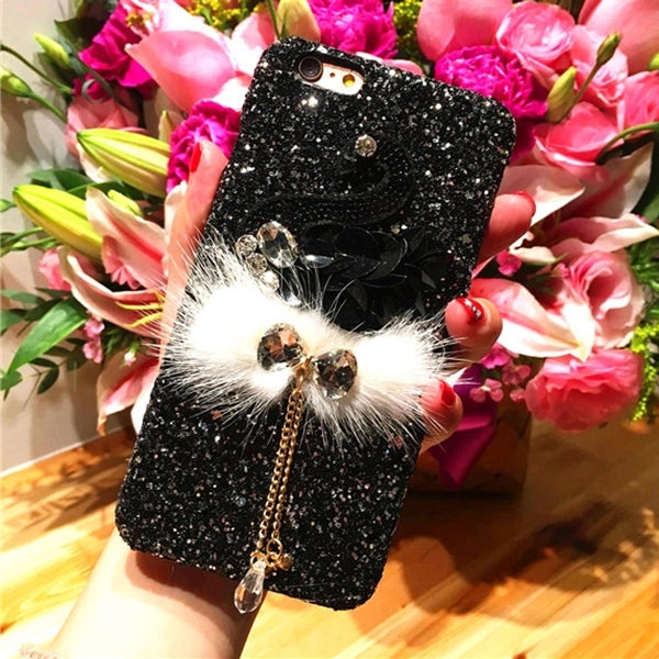 For iPhone 6 Plus & 6s Plus Swan Glitter Powder Sequins Protective Back Cover Case with Plush + Diamond Pendant(Black)