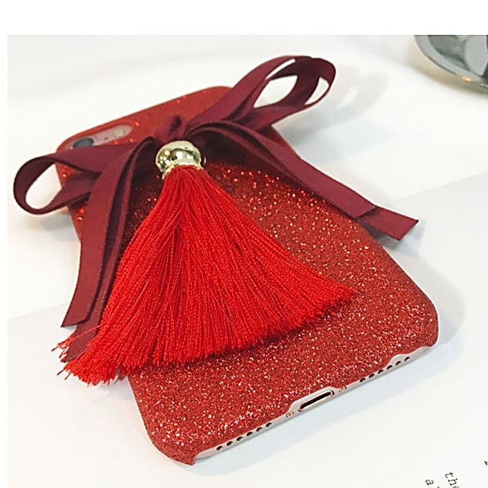 For iPhone 6 Plus & 6s Plus 3D Ribbon Bowknot Glitter Powder Protective Back Cover Case with Tassels Pandent