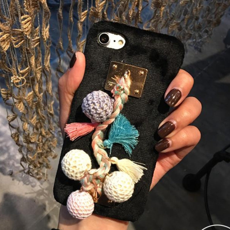For iPhone 6 Plus & 6s Plus Plush Protective Back Cover Case with Hand Chain Colorful Knitting Wool Ball & Tassels Pandent