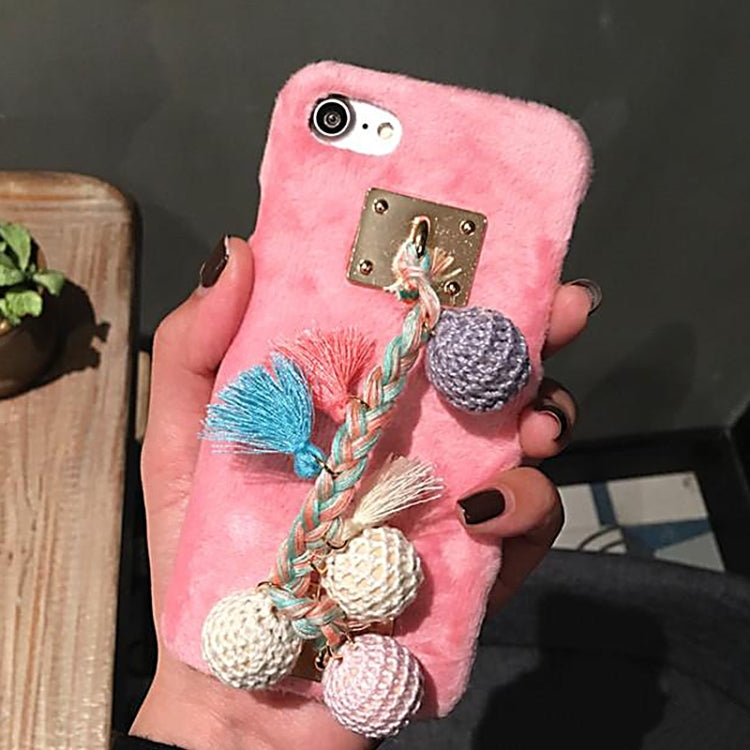 For iPhone 6 Plus & 6s Plus Plush Protective Back Cover Case with Hand Chain Colorful Knitting Wool Ball & Tassels Pandent