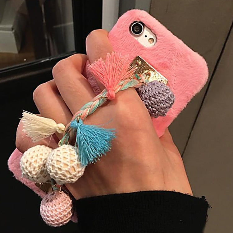 For iPhone 6 Plus & 6s Plus Plush Protective Back Cover Case with Hand Chain Colorful Knitting Wool Ball & Tassels Pandent