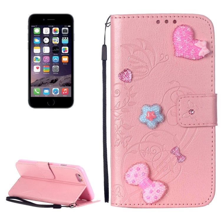 For iPhone 6 Plus & 6s Plus Heart Diamond Encrusted Flowers Embossing Horizontal Flip Leather Case with Holder & Card Slots & Wallet & Lanyard