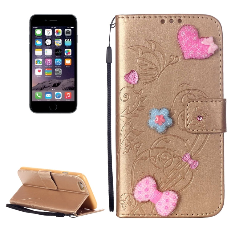 For iPhone 6 Plus & 6s Plus Heart Diamond Encrusted Flowers Embossing Horizontal Flip Leather Case with Holder & Card Slots & Wallet & Lanyard