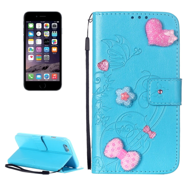 For iPhone 6 Plus & 6s Plus Heart Diamond Encrusted Flowers Embossing Horizontal Flip Leather Case with Holder & Card Slots & Wallet & Lanyard