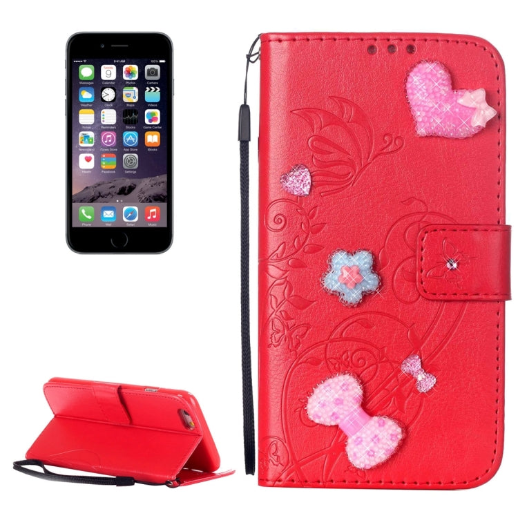 For iPhone 6 Plus & 6s Plus Heart Diamond Encrusted Flowers Embossing Horizontal Flip Leather Case with Holder & Card Slots & Wallet & Lanyard