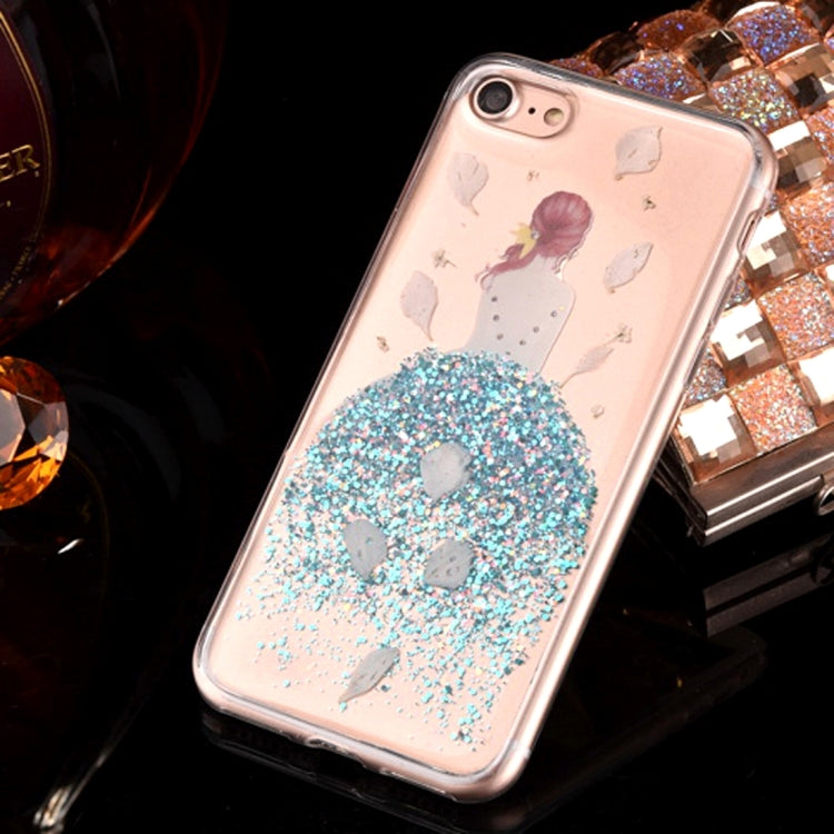 For iPhone 6 Plus & 6s Plus Epoxy Dripping Pressed Real Dried Falling Flowers Glitter Powder Girl Soft TPU Protective Case Back Cover