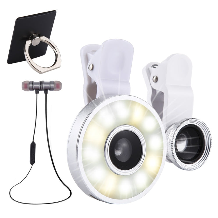 MEIIGOO 5 in 1 Ring Holder + Wireless Earphone + 180 Degree Fish Eye Lens + 0.65X Wide Angle Lens + 10x Macro Lens Kit with Rechargeable 12 LED Flash Light & Clip, Lens Random Color Delivery