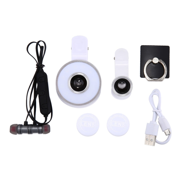 MEIIGOO 5 in 1 Ring Holder + Wireless Earphone + 180 Degree Fish Eye Lens + 0.65X Wide Angle Lens + 10x Macro Lens Kit with Rechargeable 12 LED Flash Light & Clip, Lens Random Color Delivery