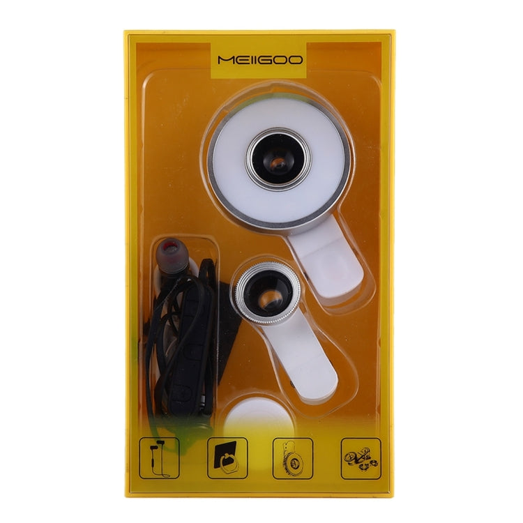 MEIIGOO 5 in 1 Ring Holder + Wireless Earphone + 180 Degree Fish Eye Lens + 0.65X Wide Angle Lens + 10x Macro Lens Kit with Rechargeable 12 LED Flash Light & Clip, Lens Random Color Delivery