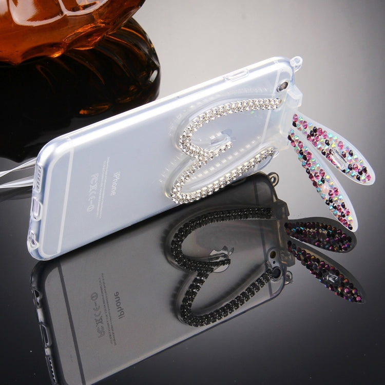 For iPhone 6 Plus & 6s Plus Rabbit Ear Diamond Encrusted Transparent TPU Protective Case with Lanyard & Holder