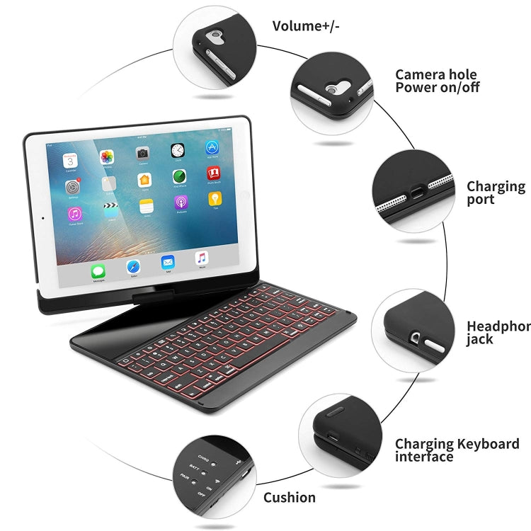 360 Degrees Rotation Bluetooth Keyboard + Horizontal Flip Leather Tablet Case with Holder & Colorful Backlight for iPad Pro 9.7 inch, iPad Air, iPad Air 2, iPad 9.7 inch (2017), iPad 9.7 inch (2018) (Black)
