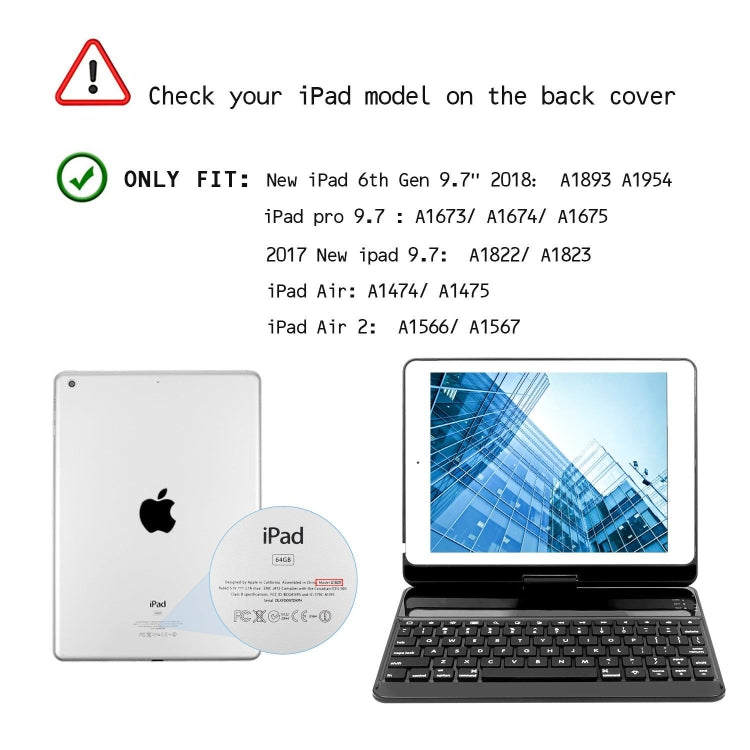 360 Degrees Rotation Bluetooth Keyboard + Horizontal Flip Leather Tablet Case with Holder & Colorful Backlight for iPad Pro 9.7 inch, iPad Air, iPad Air 2, iPad 9.7 inch (2017), iPad 9.7 inch (2018) (Black)