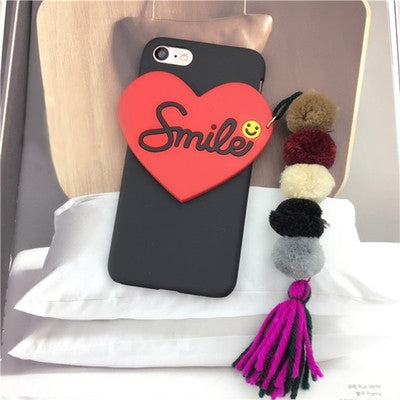 For  iPhone 8 & 7  3D Silicone Smile Love Pattern PC Protective Back Cover Case with Fur Ball & Tassels Pendant