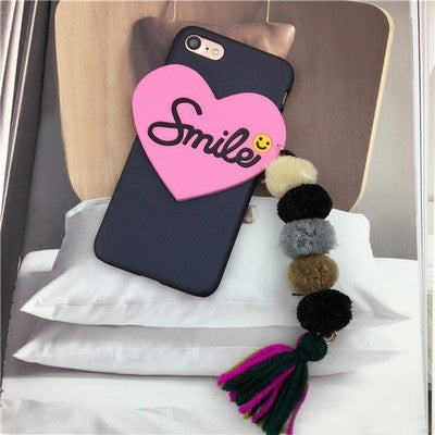 For  iPhone 8 & 7  3D Silicone Smile Love Pattern PC Protective Back Cover Case with Fur Ball & Tassels Pendant