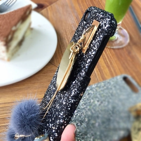 For  iPhone 8 & 7  Glitter Powder Sequins Protective Cover Case with Fox Hair Bulb Pendant