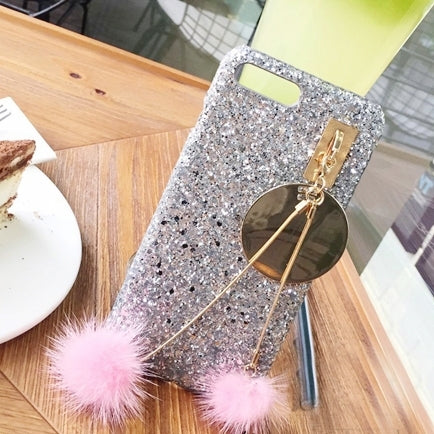 For  iPhone 8 & 7  Glitter Powder Sequins Protective Cover Case with Fox Hair Bulb Pendant