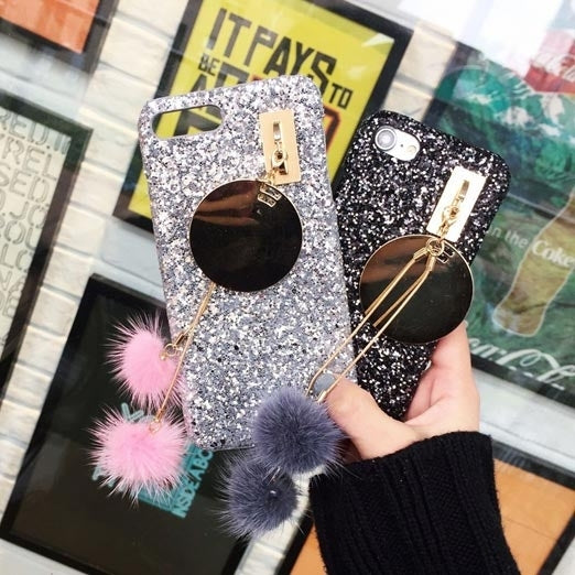 For  iPhone 8 & 7  Glitter Powder Sequins Protective Cover Case with Fox Hair Bulb Pendant