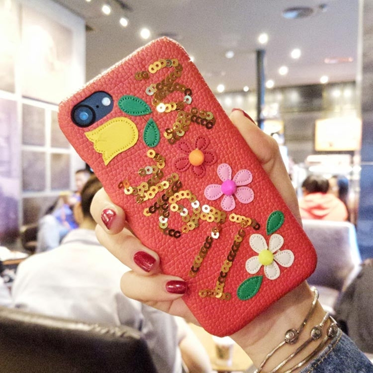 For  iPhone 8 & 7  Sequins Flower Pattern Leather Protective Cover Case (Red)