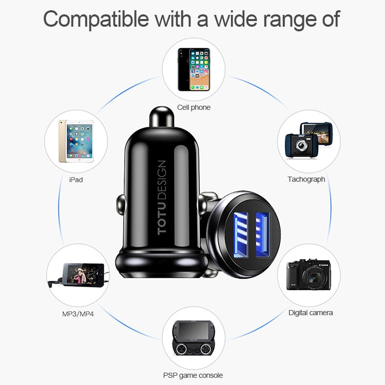 TOTUDESIGN 2.4A Dual Ports PC + Aluminium Alloy Smart Car Charger, For iPhone, Galaxy, Sony, Lenovo, HTC, Huawei, and other Smartphones