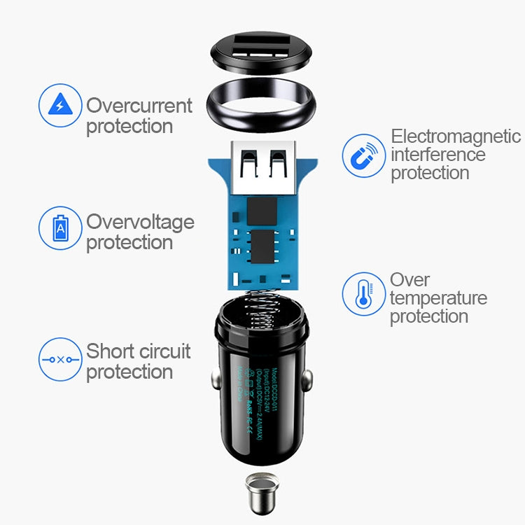 TOTUDESIGN 2.4A Dual Ports PC + Aluminium Alloy Smart Car Charger, For iPhone, Galaxy, Sony, Lenovo, HTC, Huawei, and other Smartphones