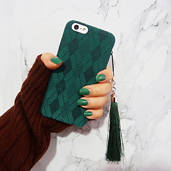 For  iPhone 8 & 7  Prismatic Pattern Plush Cloth Protective Back Cover Case with Tassels Pendant