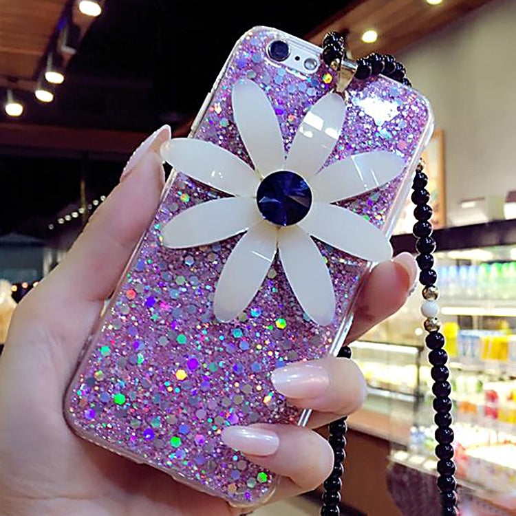 For  iPhone 8 & 7  3D Daisy Glitter Powder Soft Protective Back Cover Case with Sling